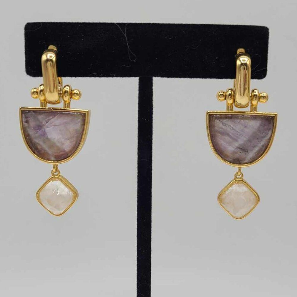 J Crew Gold Tone Purple Quartz Goblet Stone Drop Earrings NWOT!